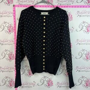 L.L bean sweater Pearl-Embellished Black Button-Up Sweater With Gold Accents